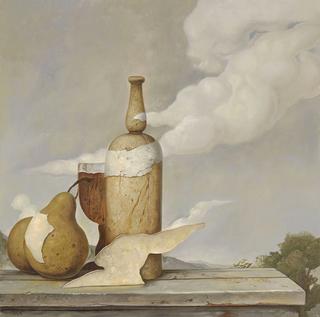 Still life with bottle and pears