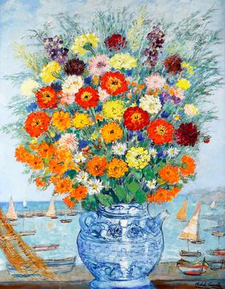 A Bouquet of Zinnias and Marigolds with Portofino Harbor