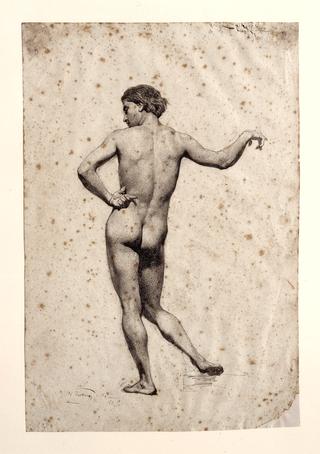Male nude back with the arm extended