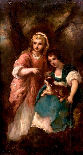 Two Little Girls with a Dog