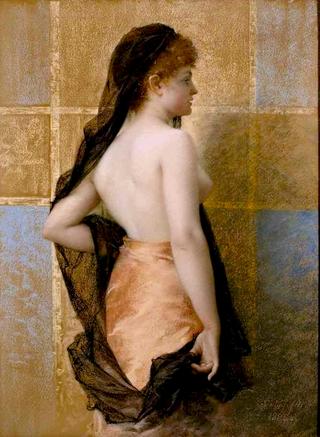 Young Woman Seen from behind, Wearing a Back Veil and a Pink Skirt