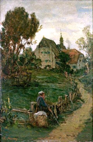 Resting Hiker in front of Large Farm Estate