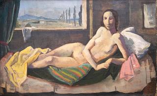 Lying nude in front of windows with mountains
