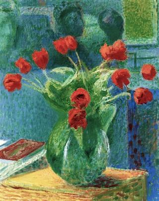 Still Life with Red Tulips in a Glass Vase
