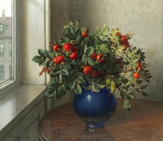 Still Life of rosehips in a Blue vase by a Window