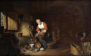 The interior of a cottage with a peasant woman cleaning kitchen utensils, a peasant coming up from the cellar on her left