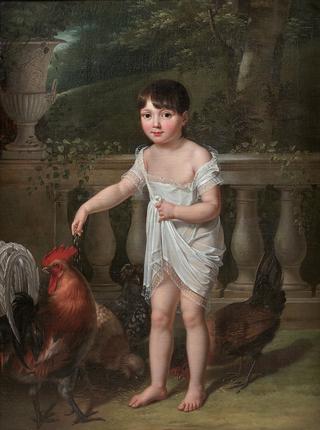 Young Child Feeding a Hen and a Rooster on a Terrace