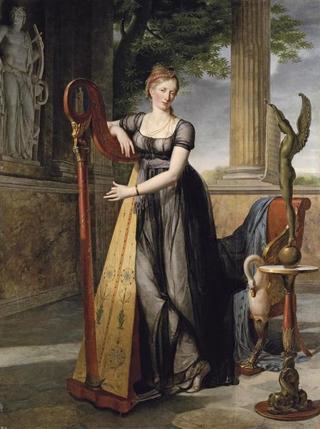 Marie-Denise Smits, née Gandolphe, full-length, in a black dress, playing a harp in an interior
