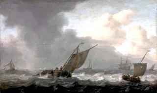 A Smalschip and other Shipping in a Squall, a Warship beyond