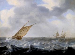 A Fishing Cutter and a Two-master in Choppy Seas near a Coast
