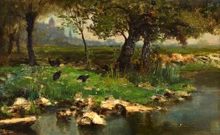 Riverbank with Moorhens