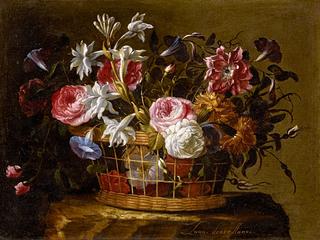 Still Life of Roses, Lilies, Morning Glories, and Other Flowers in a Basket on a Pedestal