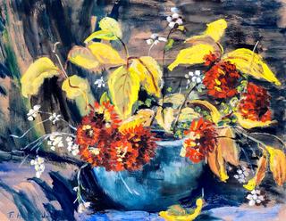 Floral still life with blue pot
