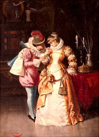 Man Pinning Rose on Woman