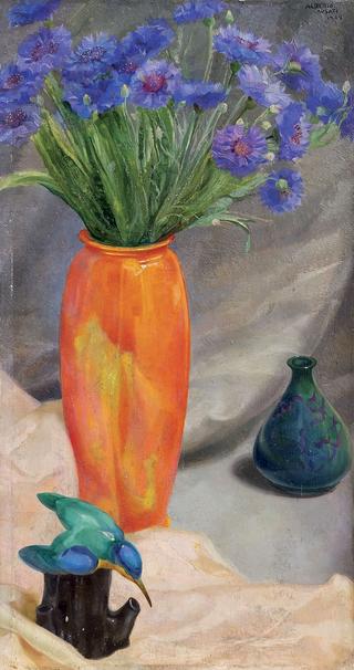 Still Life with Blue Flowers in an Orange Vase