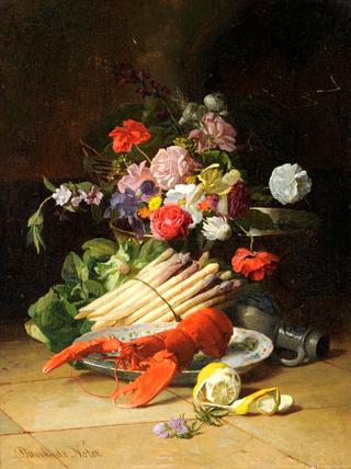 Still life of flowers, asparagus, lobster and a lemon