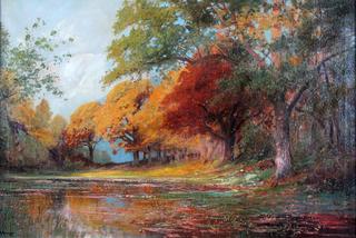 Sunlit Autumn Forest with Reflective Pond