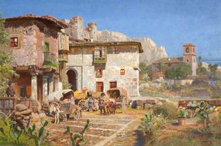 Coastal Village with Stone Houses and Figures with Horse and Mule-Drawn Wagons