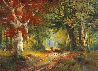 Autumn Landscape with Woman Gathering Brushwood
