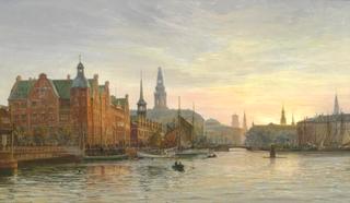 View from Børsgraven towards Børsen, Christiansborg and the Towers