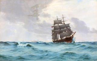 Seasacpe with a Danish bark on the open sea and sailing ships and a steamer in the background