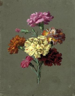 Still Life of Yellow, Orange and Pink Carnations