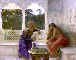 Figures in an Interior with Garden or Palms beyond