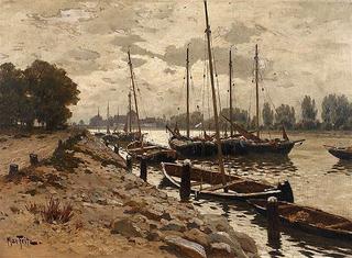 Autumn river port with anchoring boats
