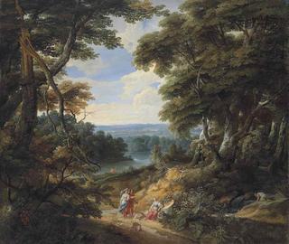A Wooded Landscape with Figures and a Dog on a Path, with a River and a Castle in the Distance