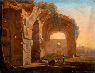 An Italianate landscape with a shepherd before classical ruins