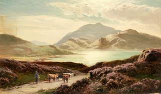 A Figure Leading Cattle down a Loch Side Path