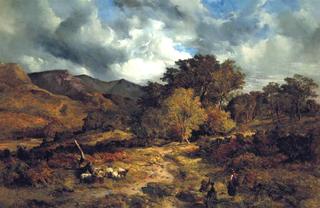 An upland landscape with two children playing with a dog near a small flock of sheep
