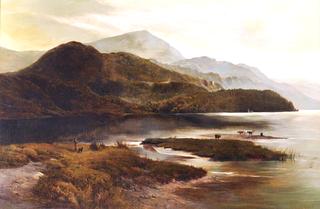 Cattle Watering in a Highland Landscape with a Figure Looking on