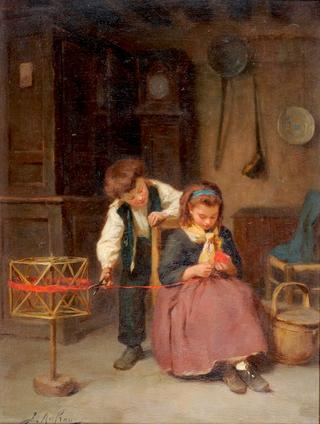 Interior Scene with a Girl Seated Winding Wool, a Boy nearby Holding a Pair of Scissors