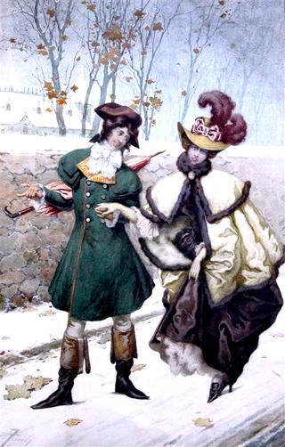 Elegant Lady and Gentleman on a Snowy Lane