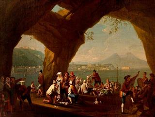 Naples from the west with peasants gaming