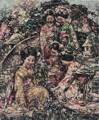 Young Japanese Girls Gathering Flowers
