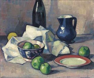Black Bottle, Napkin and Green Apples