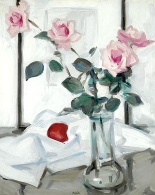 Still Life of Pink Roses in a Glass Vase