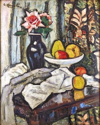 A Still Life of Fruit and Flowers with Persian Curtain