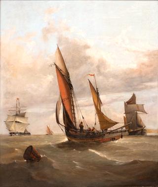 Shipping scene with a buoy and numerous vessels in a busy channel