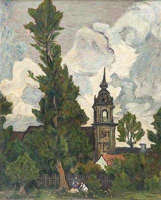 Stormy landscape overlooking a church
