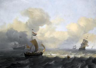 Dutch Vessels off a Coastline on a Breezy Day