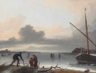 A Frozen Lake with a man pulling a sleigh onto the ice next to an old lady and a boy, figures playing kolf, a horse-drawn sleigh on the ice and a barge beyond