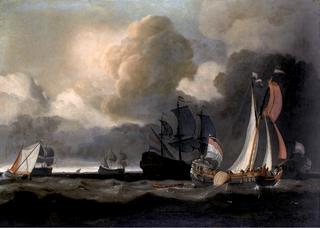 Ships Under Cloudy Skies off a Coast