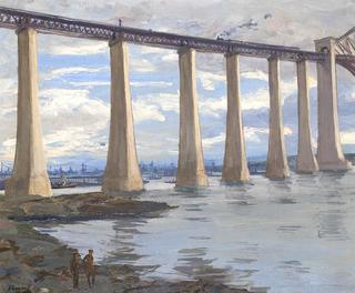 Kite Balloon and Grand Fleet in the Distance the Piers, Forth Bridge