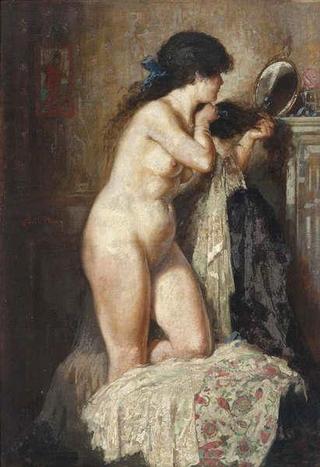Standing nude with mirror in Japanese interior