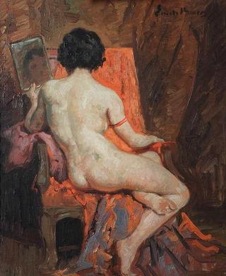 Nude, backside, looking in the mirror