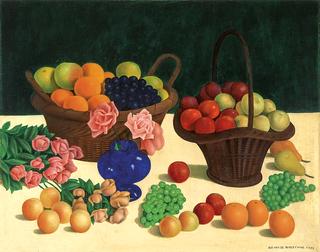 Nature morte aux roses et paniers de fruits