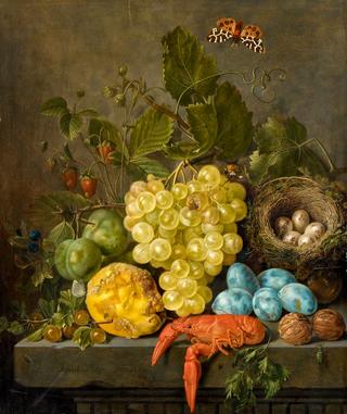 Still Life with Fruit, Crab, Insects and a Bird's Nest on a Stone Table
